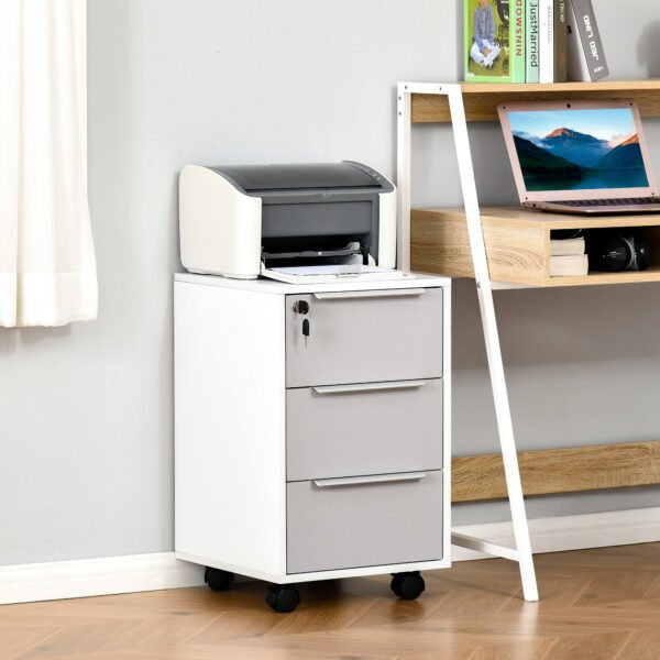 Mobile 3-Drawer Locking File Cabinet, Chest of Drawers Side Table on Wheels, for Office, Bedroom, Living Room, White - Image 2