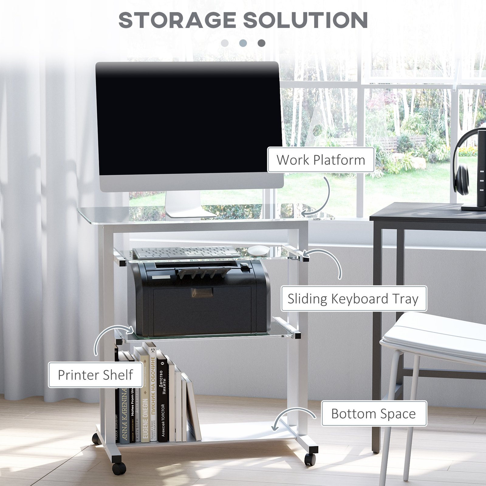 Mobile Glass Computer Desk, Workstation on Wheels, Laptop PC Desk for Home Office, White. - Image 5