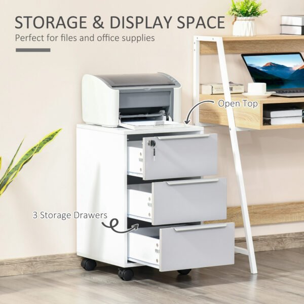 Mobile 3-Drawer Locking File Cabinet, Chest of Drawers Side Table on Wheels, for Office, Bedroom, Living Room, White - Image 4