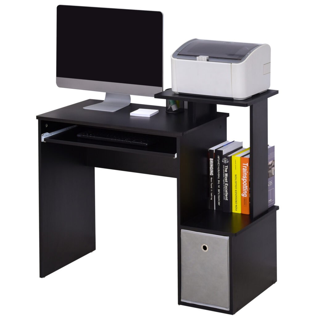 Computer Table with Keyboard Tray, Drawer, Shelf, Wooden Computer Desk, Home Office Workstation, Study Gaming Desk, Black