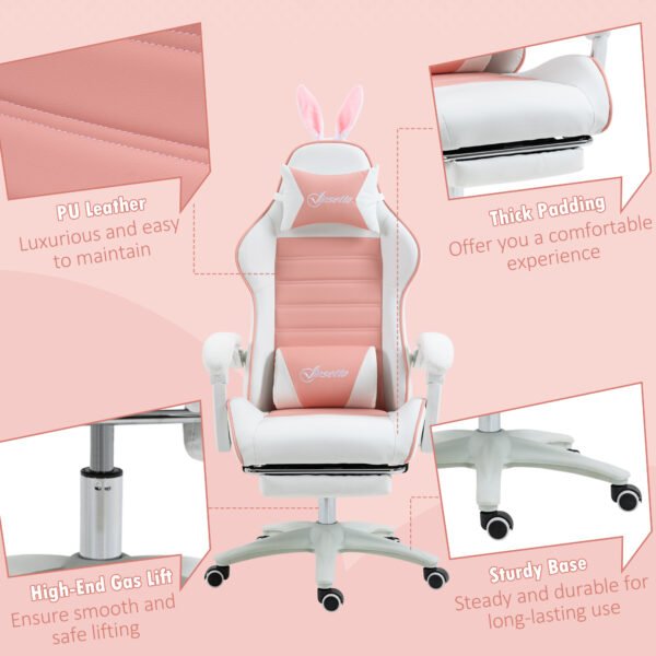 Racing Gaming Chair, Reclining PU Leather Computer Chair with Removable Rabbit Ears, Footrest, Headrest and Lumber Support, Pink - Image 8