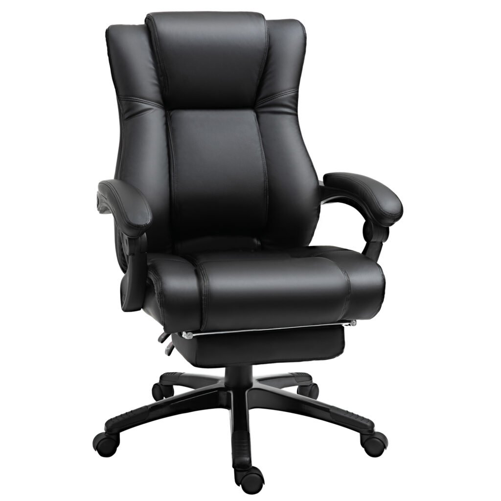 Executive Office Chair: High-Back Swivel Recliner, PU Leather, Footrest & Wheels, Black