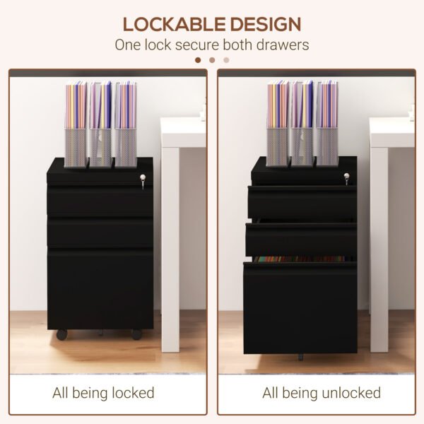 Steel Mobile File Cabinet, 3-Drawer, Lockable, Wheels, Pencil Tray, for A4/Legal, Black - Image 6