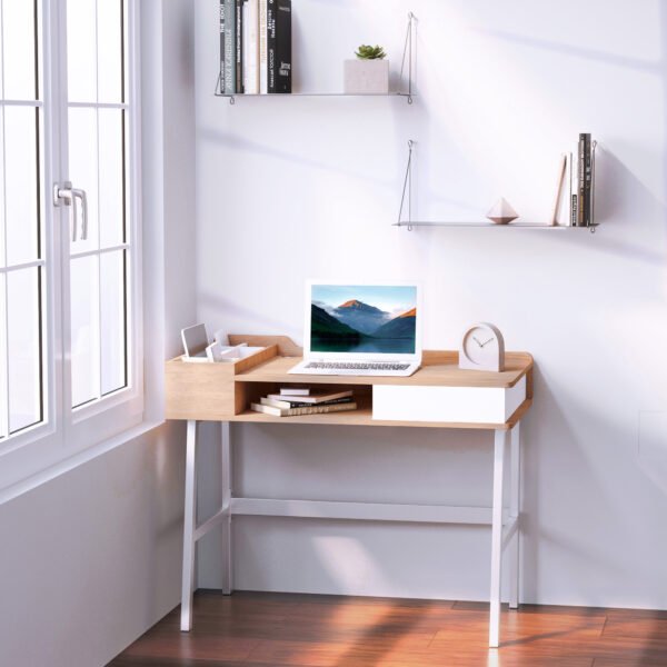 Writing Desk, Computer Table with Drawer, Storage Compartments, Cable Management, Metal Frame, Computer Workstation, Oak and White - Image 2