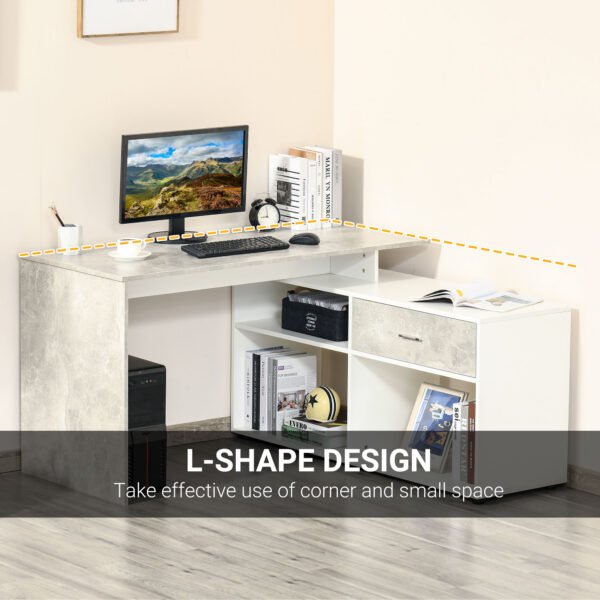 L-Shaped Computer Desk Home Office Corner Desk Study Workstation Space Saving Table with Shelves Drawer, Grey and White - Image 5