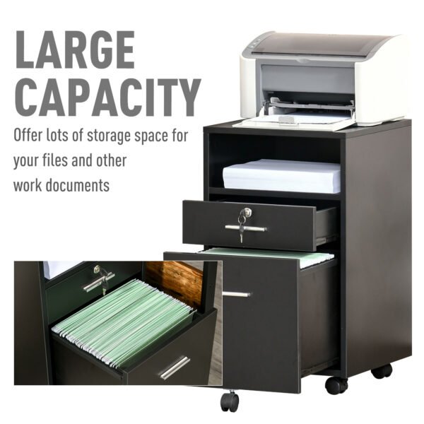 Black Cabinet Mobile Lockable File Cabinet with 2 Drawers, Storage for Office Equipment, 65H x 39W x 40Dcm - Image 6