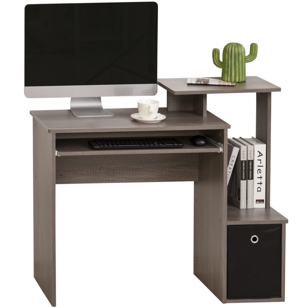 Computer Table with Sliding Keyboard Tray, Storage Drawer & Shelf, Home Office PC Desk, Computer Desk, Grey
