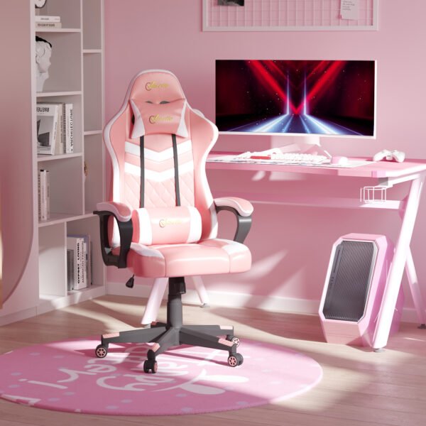 Racing Gaming Chair with Lumbar Support, Headrest, Swivel Wheel, PVC Leather Gamer Desk Chair for Home Office, Pink White - Image 2