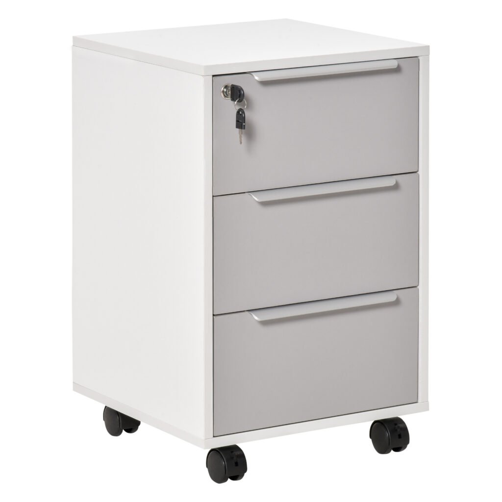 Mobile 3-Drawer Locking File Cabinet, Chest of Drawers Side Table on Wheels, for Office, Bedroom, Living Room, White