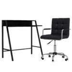 Office Chair and Desk Set, Faux Leather Swivel Chair with Wheels & Study Desk with Storage Shelf, Black