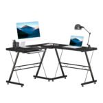 L Shape Office Gaming Desk, Straight Corner Table, Computer Work Station, Laminated, Sturdy, with Keyboard Tray, Black