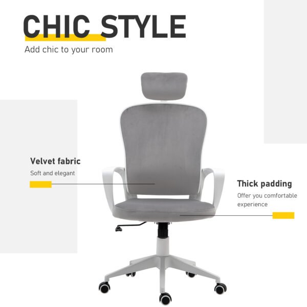 Velvet Swivel Chair: High-Back Home Office Rocker with Wheels & Adjustable Headrest, Greystone - Image 6