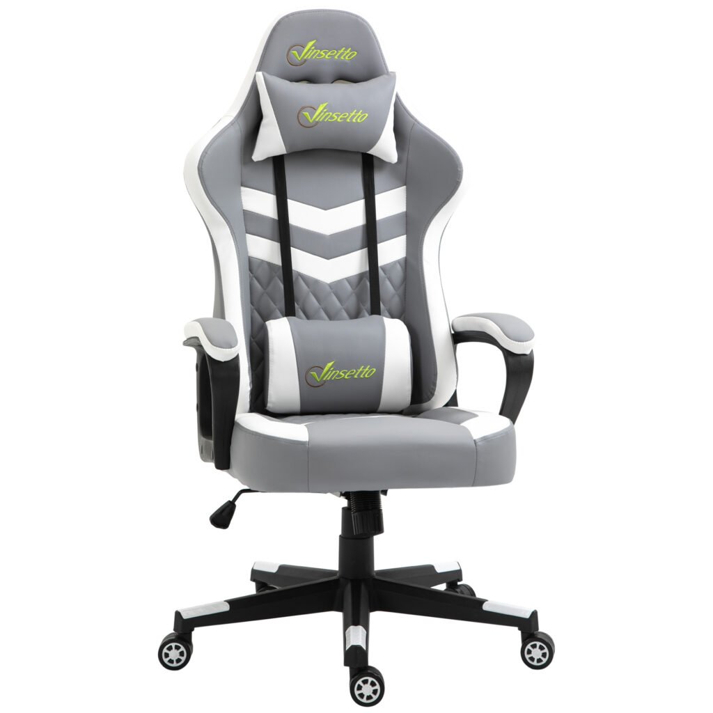 Ergonomic Gaming Chair with Lumbar Support, Adjustable Headrest and Swivel Wheels, PVC Leather, Grey/White