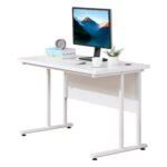 Writing Desk, Computer Table with 2 Cable Management Holes, C Shaped Metal Legs for Adults, Office Desk, White