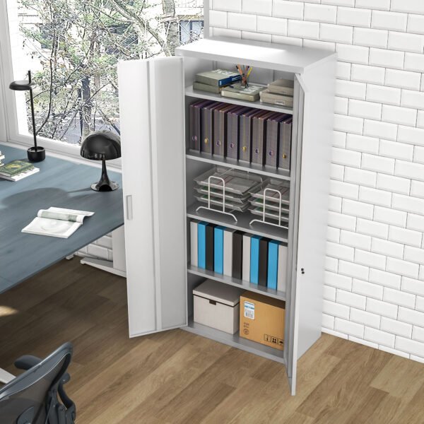 Five Shelf Lockable Steel Office Cabinet - White - Image 6
