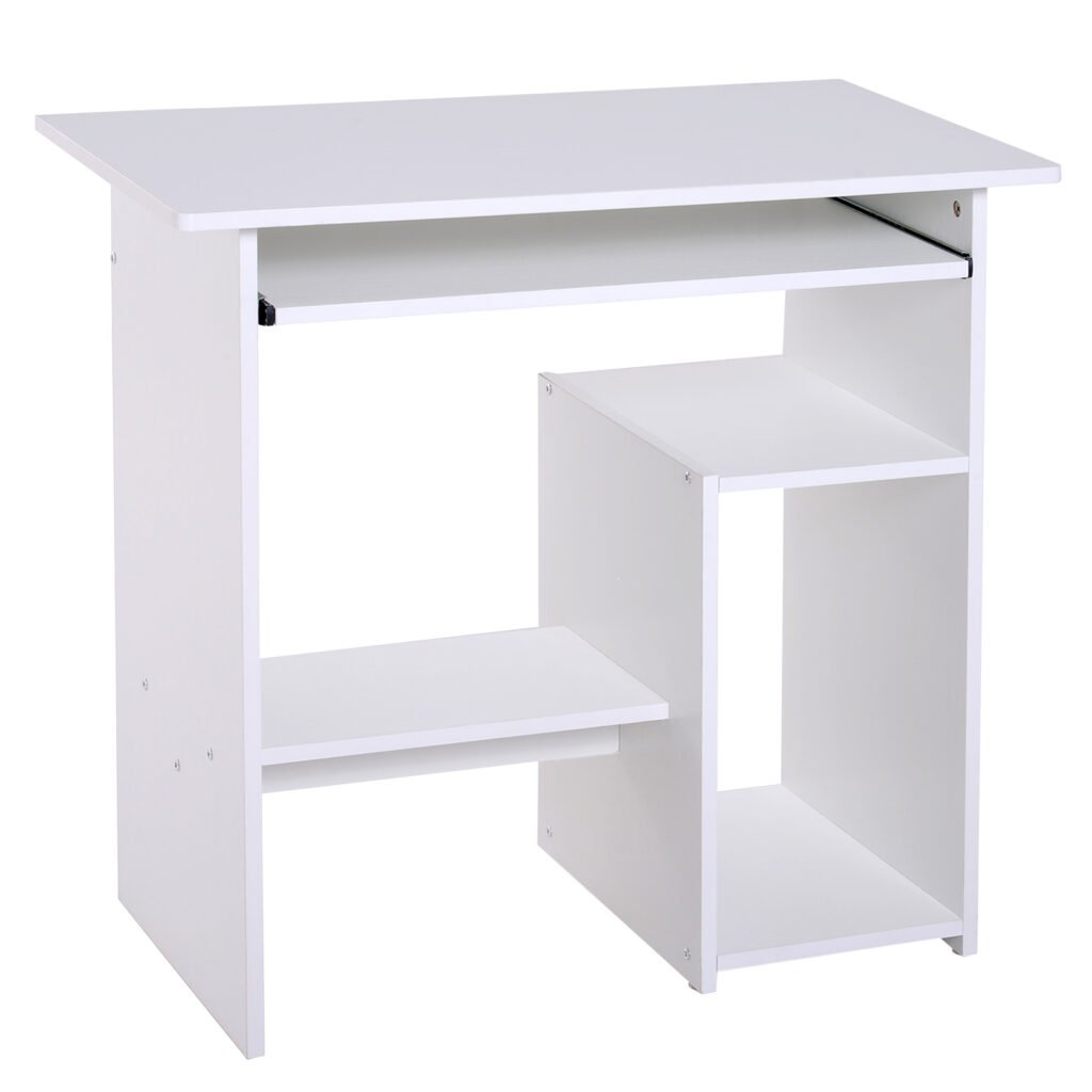 Compact Computer Table with Keyboard Tray, Storage Shelf, Wooden Computer Desk for Home Office, Modern Corner Table, White