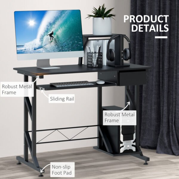 Computer PC Desk Table with Display Stand, Sliding Keyboard Tray Drawer and Host Box Shelf Home Office Workstation Gaming Black - Image 5