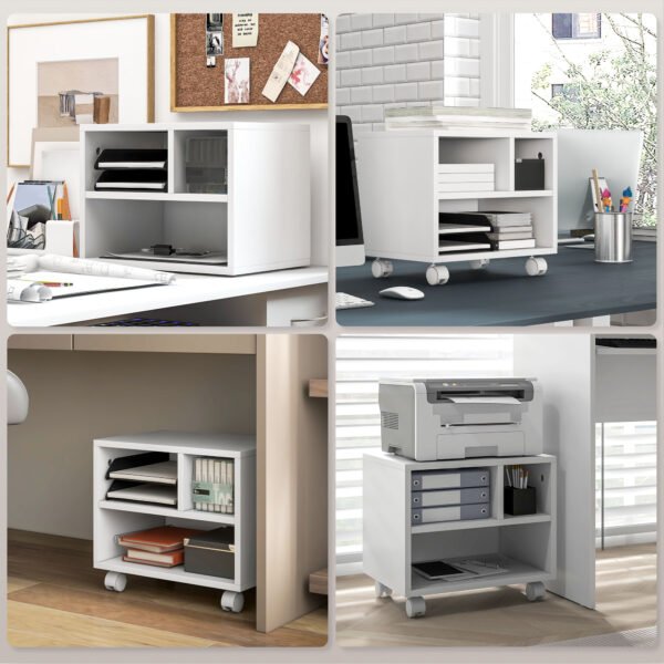 2-Tier Printer Stand w/ Storage, Under Desk Printer Cart on Wheels w/ 3 Compartments, Desktop Printer Table for Home Office, White - Image 6
