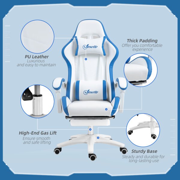 Racing Gaming Chair, Reclining PU Leather Computer Chair w/ 360¬∞ Swivel Seat, Footrest, Removable Headrest & Lumber Support, White - Image 7