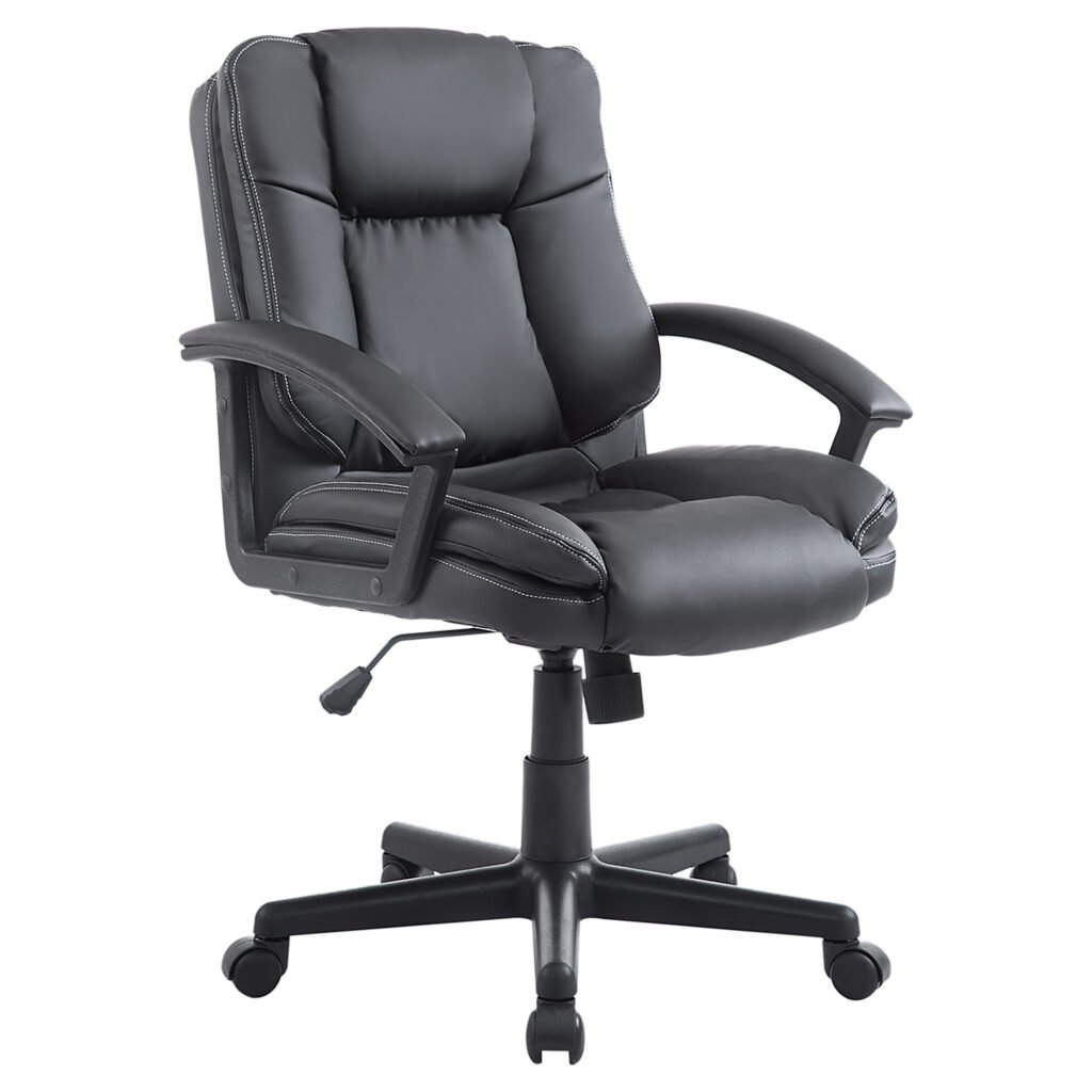 Swivel Executive Office Chair, Mid-Back Faux Leather Desk Chair with Double-Tier Padding, Arms, and Wheels, Black