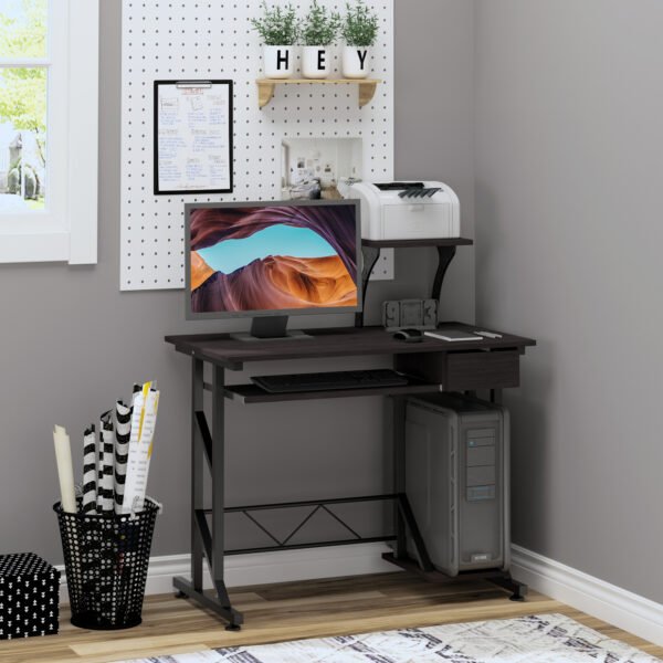 Wooden Computer Desk with Display Shelf, Executive PC Workstation for Home Office, Brown - Image 2