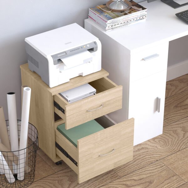 File Cabinet Cupboard Storage with Two Drawers, Table Storage Box with Wheels, Cabinet Bedside Table Storage Box, Oak - Image 7