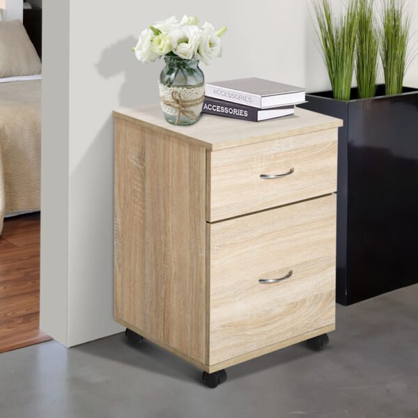 File Cabinet Cupboard Storage with Two Drawers, Table Storage Box with Wheels, Cabinet Bedside Table Storage Box, Oak - Image 8