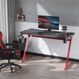 Gaming Desk, Ergonomic Home Office Desk, Gamer Workstation Racing Table, w/ Headphone Hook, Cup Holder, 142 x 66 x 96cm, Black & Red