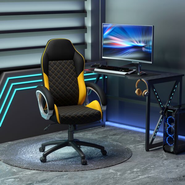 Office Chair Faux Leather Diamond Line High-Back Rocker Swivel Computer Desk Chair with Wheels, Black Orange - Image 2