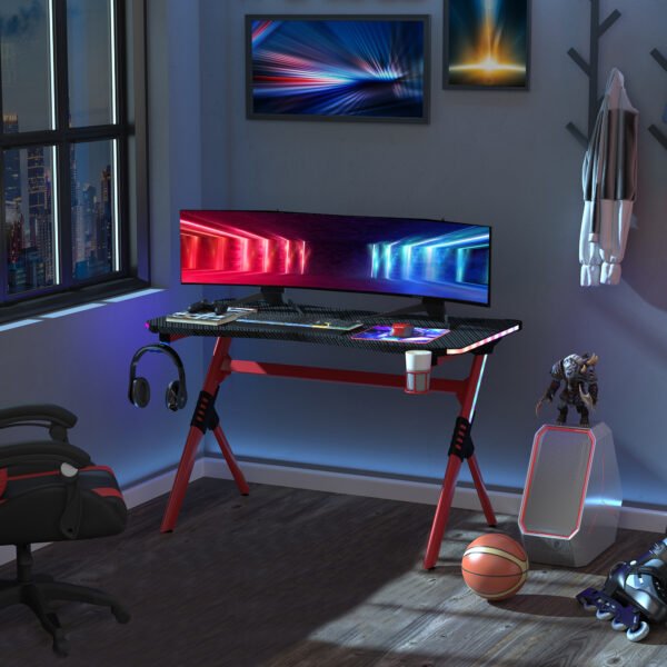 Gaming Desk with RGB LED Lights Racing Style Gaming Table with Cup Holder, Cable Management, Red