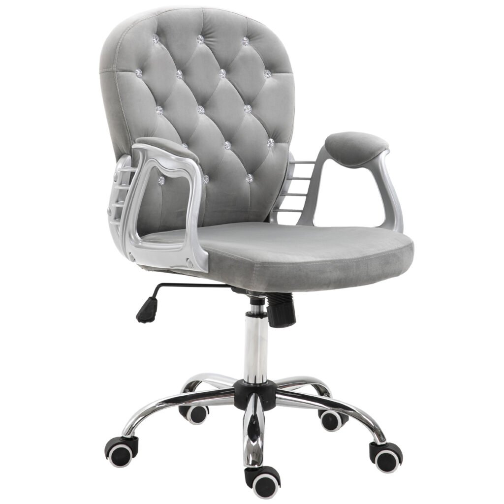 Ergonomic Office Chair with Diamond Tufted, Velour Padded, 5 Castor Wheels, 360° Swivel Ergonomic Desk Chair, Grey