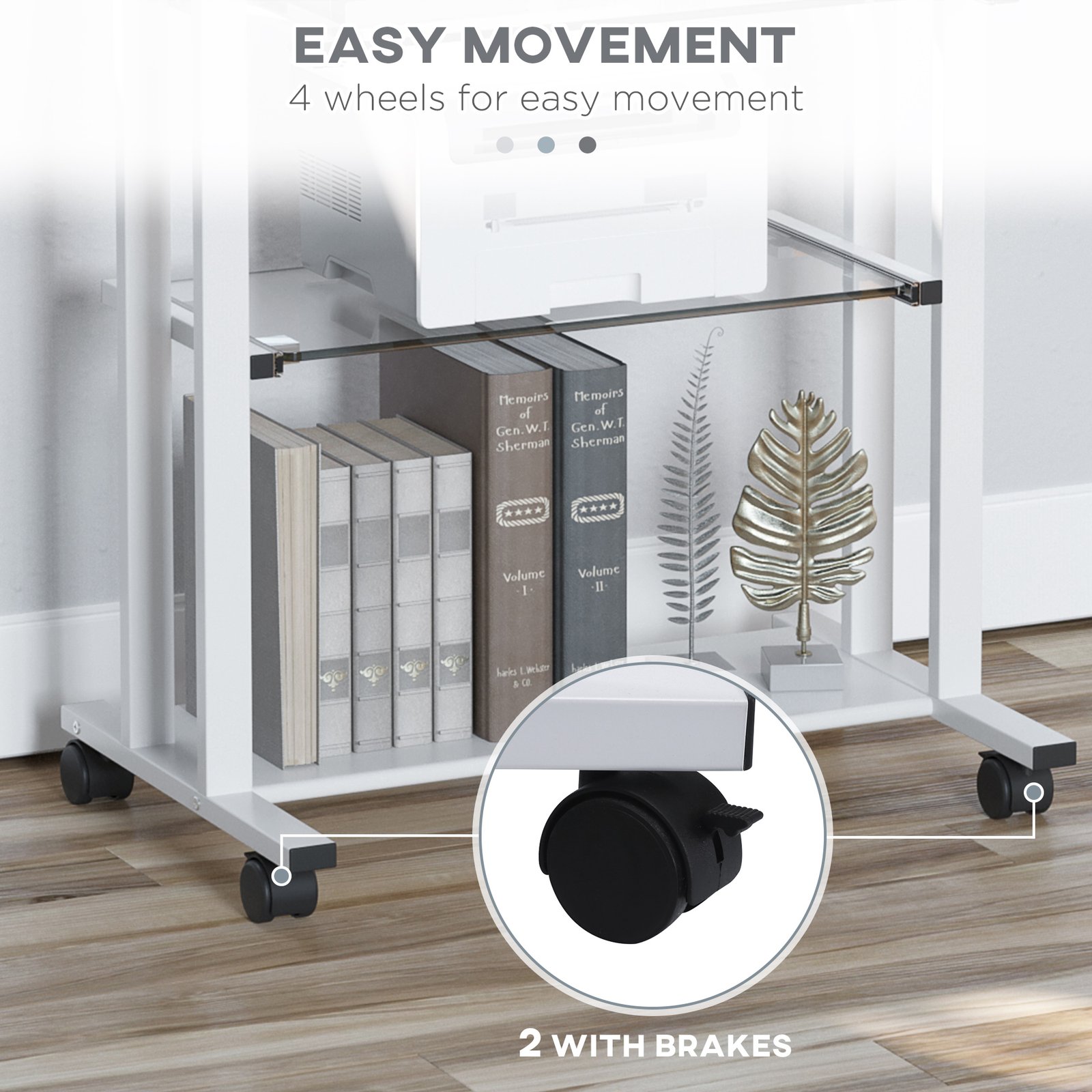 Mobile Glass Computer Desk, Workstation on Wheels, Laptop PC Desk for Home Office, White. - Image 6