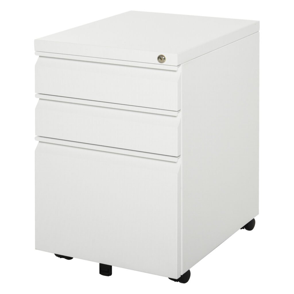 Wooden Cabinet Lockable File Cabinet Mobile Cabinet with 3 Drawers, Storage for Office Equipment, 60H x 39W x 48Dcm, White