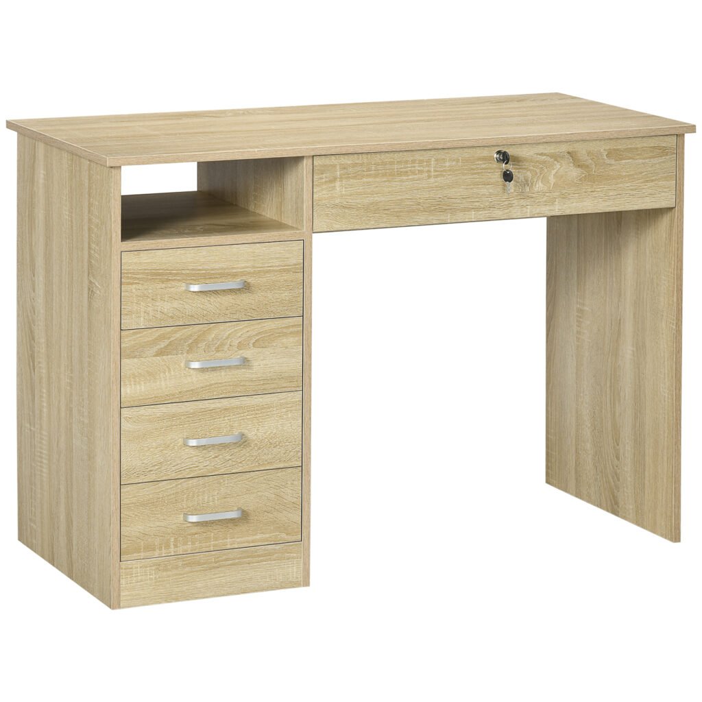 Desk with Shelves, Office Table with Large Desktop, Shelf and Five Drawers, One Lockable Drawer, for Study & Work & Write, Oak