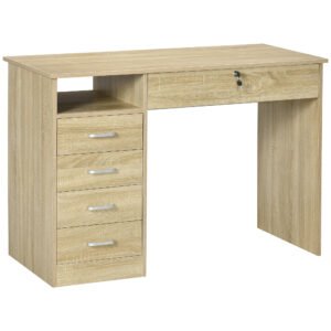 Desk with Shelves, Office Table with Large Desktop, Shelf and Five Drawers, One Lockable Drawer, for Study & Work & Write, Oak