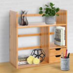 Desk Organiser, Bamboo Desktop Bookshelf with 2 Drawers and Stationery Storage, Reversible Use