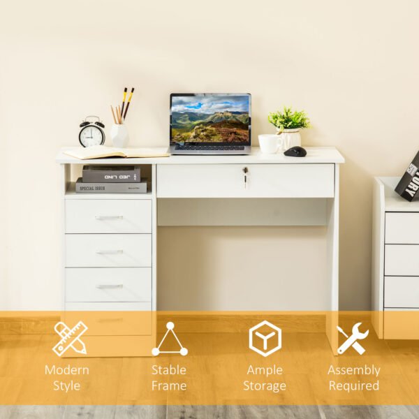 Computer Desk, Home Office Desk with Lockable Drawer, Storage Shelf for Study Bedroom, 110 x 50 x 76 cm, White - Image 6