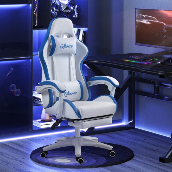 Racing Gaming Chair, Reclining PU Leather Computer Chair w/ 360¬∞ Swivel Seat, Footrest, Removable Headrest & Lumber Support, White - Image 2
