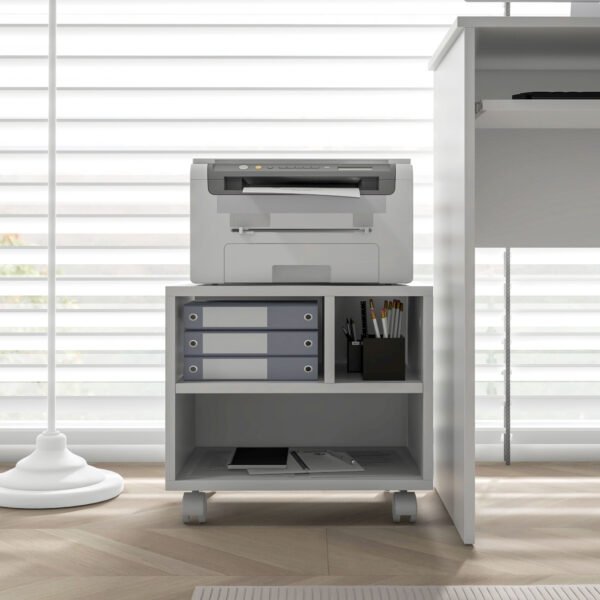 2-Tier Printer Stand w/ Storage, Under Desk Printer Cart on Wheels w/ 3 Compartments, Desktop Printer Table for Home Office, White - Image 2