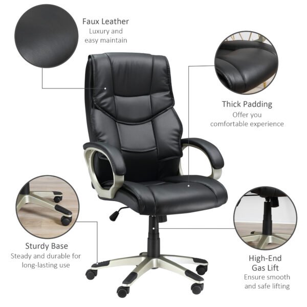 Comfortable Desk Chair Faux Leather Office Chair w/ Adjustable Height & Movable Wheels for Work, Study, Lounge and Bedroom, Black - Image 7