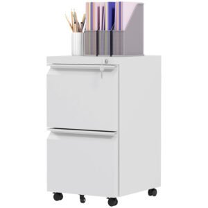 Mobile Steel Filing Cabinet, 2-Drawer Lockable Unit on Wheels with Adjustable Hanging Bar for Various File Sizes, White