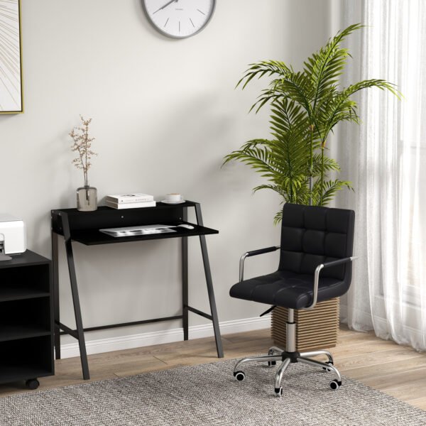 Office Chair and Desk Set, Faux Leather Swivel Chair with Wheels & Study Desk with Storage Shelf, Black - Image 2