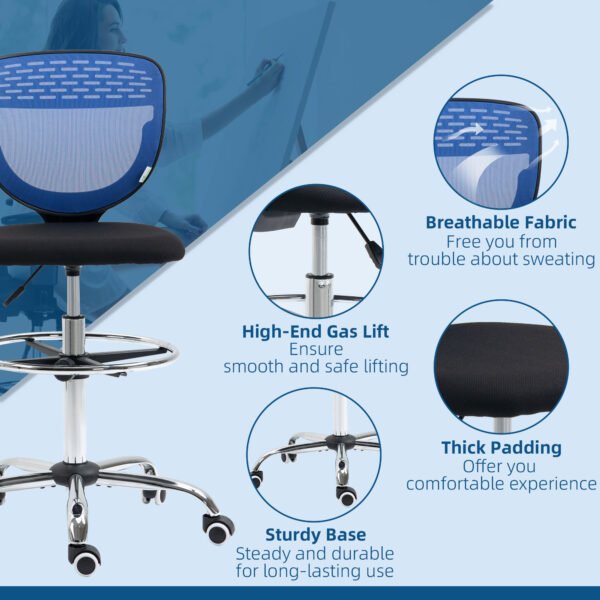 Draughtsman Chair, Armless Mesh Office Chair, Swivel Design with Lumbar Support & Foot Ring, Tall Office Chair, Dark Blue - Image 8