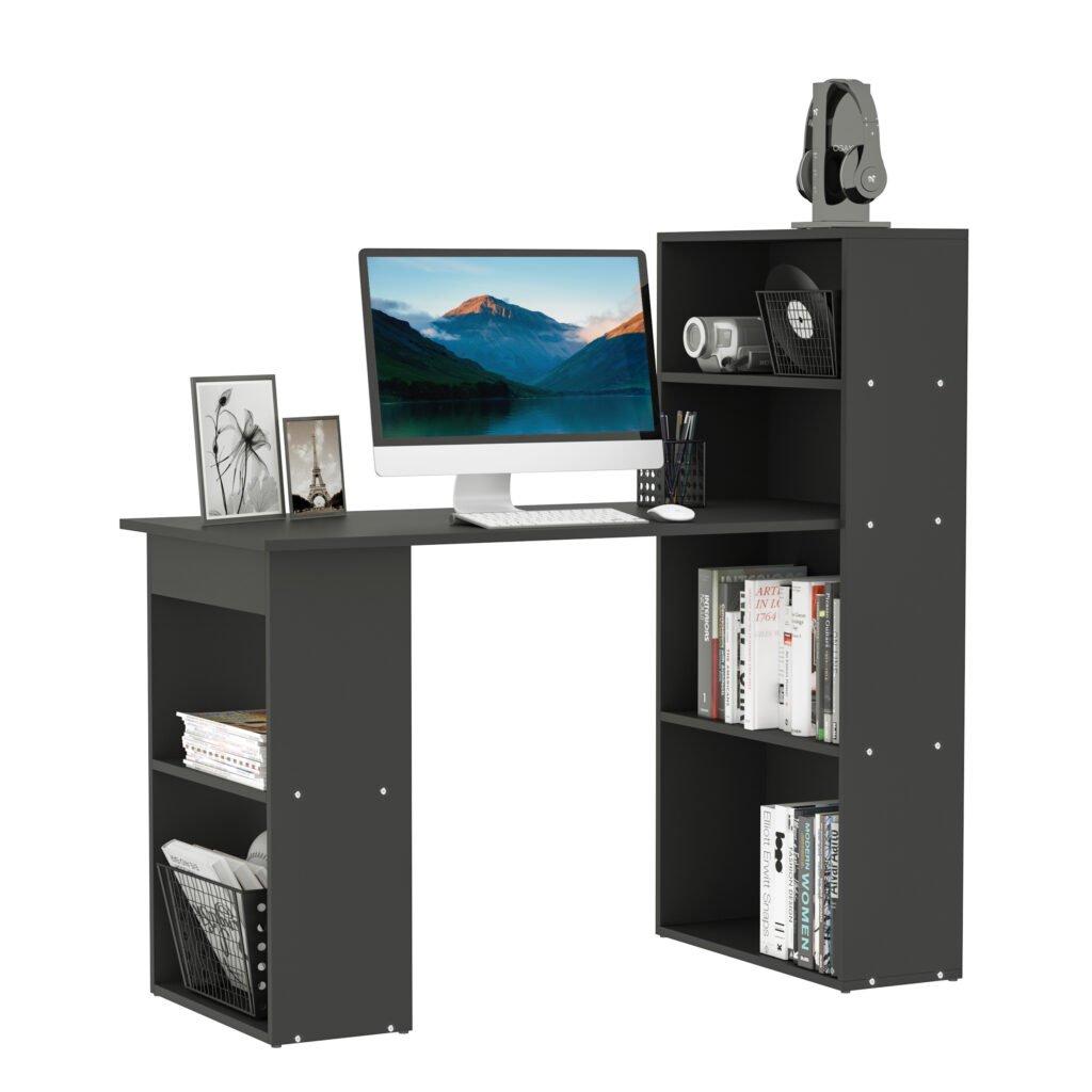 120cm Modern Computer Desk Bookshelf Writing Table Workstation PC Laptop Study Home Office 6 Shelves Black