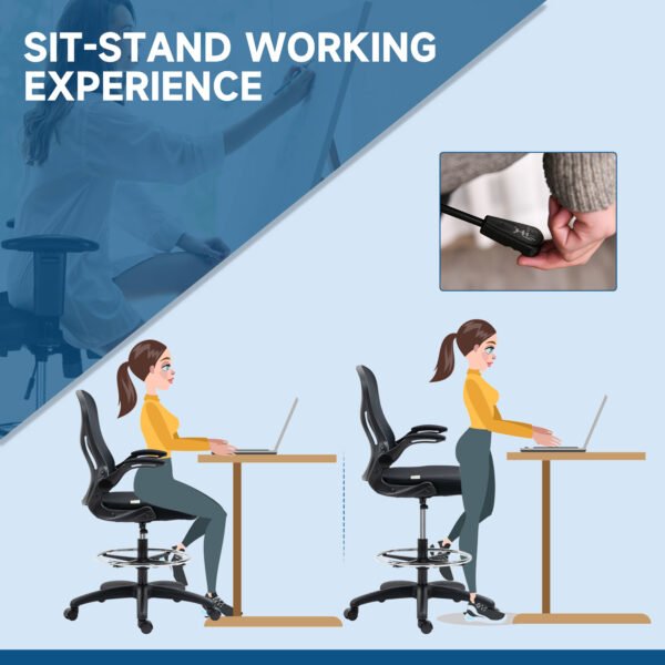 Adjustable Standing Desk Chair with Flip-up Armrests Lumbar Support Armrests Adjustable Footrest Ring Black - Image 5
