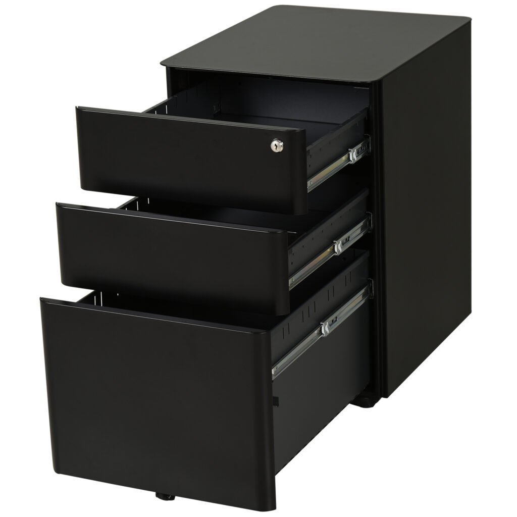 File Cabinet, 3-Drawer Lockable, for Letter/Legal/A4, Steel Office Storage with Wheels, Black