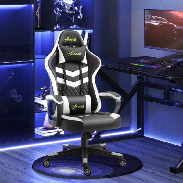 Racing Gaming Chair with Lumbar Support, Headrest, Swivel Wheel, PVC Leather Gamer Desk Chair for Home Office, Black White - Image 2
