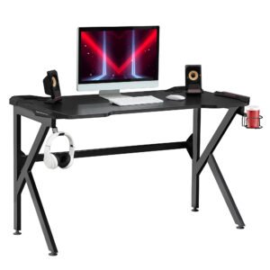 Gaming desk with Cup Holder Headphone Hook Feet Adjustable 120 x 66 x 75cm Black