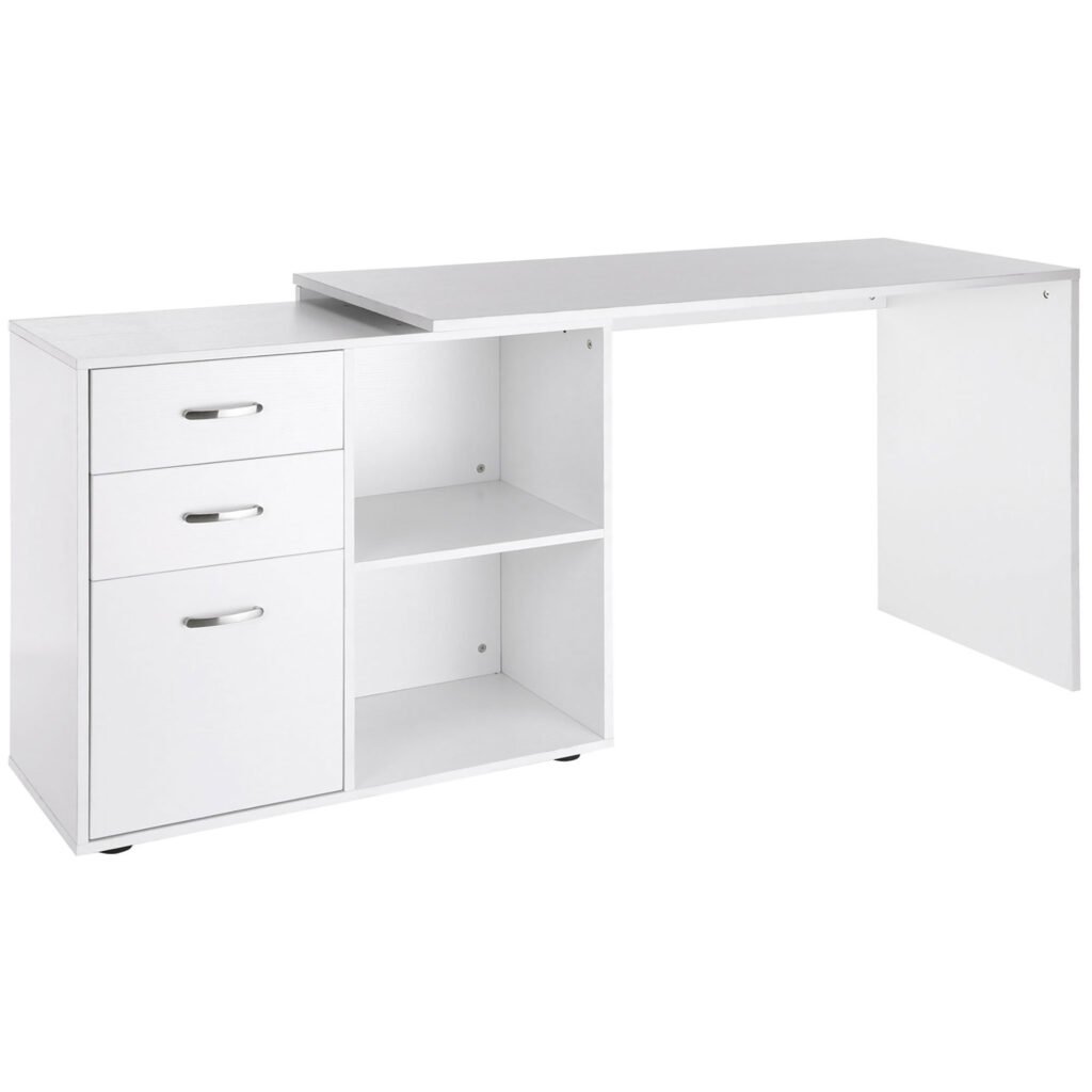 Corner Computer Desk with Drawer, Shelf, and File Cabinet, L-Shaped Workstation, Home Office Desk, White