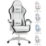 Racing Gaming Chair, Reclining PU Leather Computer Chair with 360 Degree Swivel Seat, Footrest, Removable Headrest White and Black